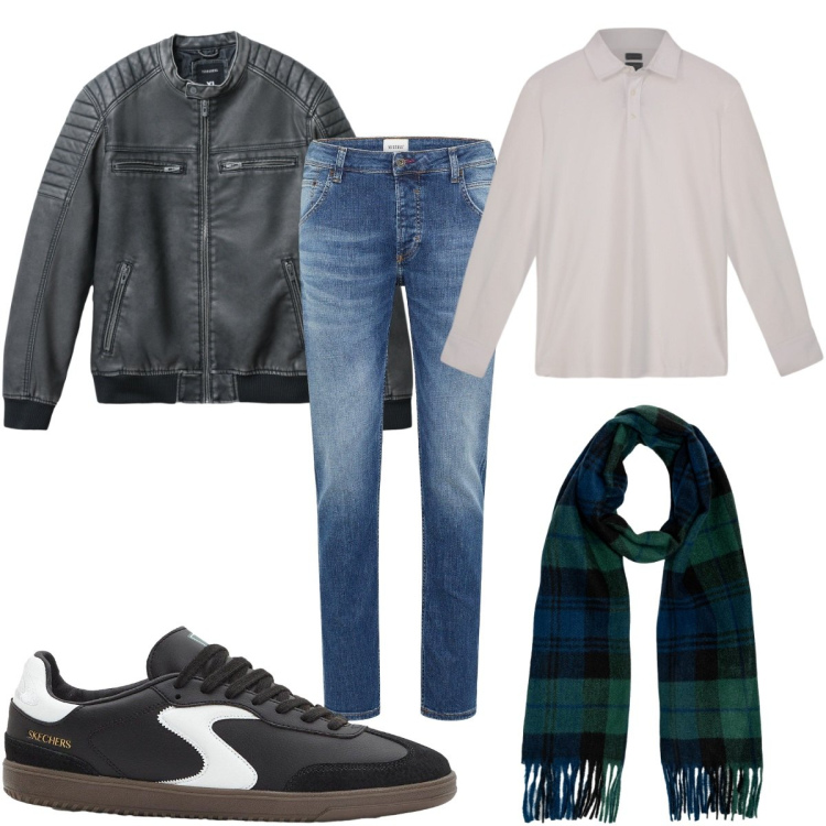 Outfit uomo - Total look #2275538. Stile Casual per Tutti i giorni. Abbinamento con sneakers, jeans dritti, giacche, polo, sciarpe.