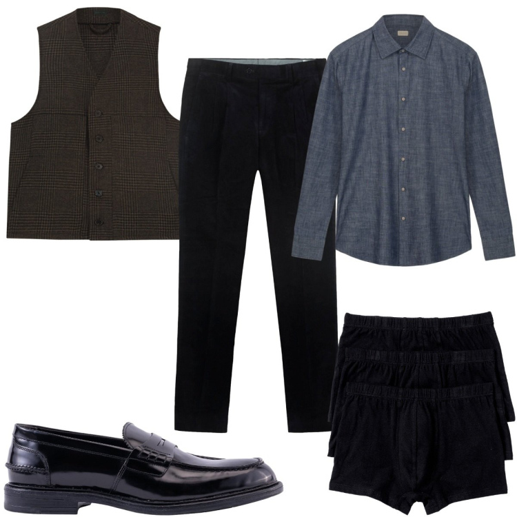 Outfit uomo - Total look #2275543. Stile Casual per Ufficio. Abbinamento con boxer, camicie, gilet, scarpe stringate, pantaloni.