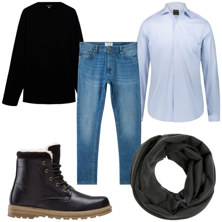 Outfit uomo - Total look #2275545. Stile Casual per Tutti i giorni. Abbinamento con stivali e stivaletti, jeans skinny, sciarpe, t-shirt, camicie.