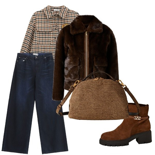 Outfit donna - Total look #2275547. Stile Casual per Tutti i giorni. Abbinamento con stivaletti, ecopellicce, camicie, jeans, borse a mano.