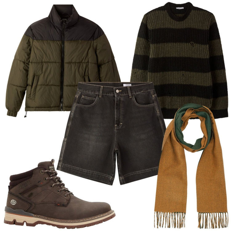 Outfit uomo - Total look #2275549. Stile Casual per Tutti i giorni. Abbinamento con stivali e stivaletti, bermuda, bomber, maglieria, sciarpe.