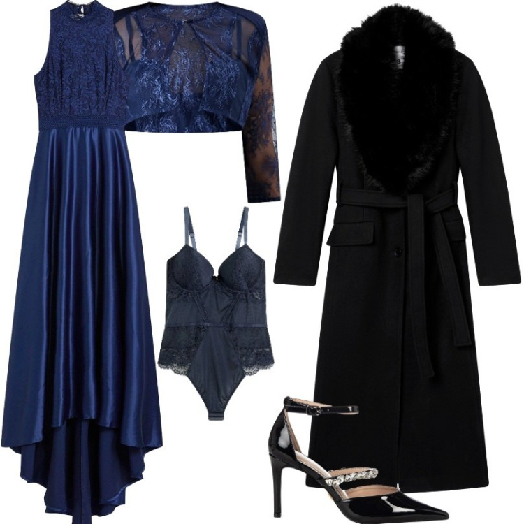 Outfit donna - Damigella in blu. Stile Glamour per Cerimonia. Abbinamento con vestiti lunghi, body, cappotti, bolero, décolleté.