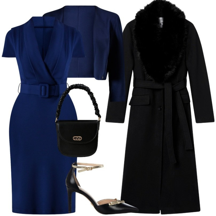 Outfit donna - Cerimonia tubino blu. Stile Chic per Cerimonia. Abbinamento con cappotti, décolleté, bolero, borse a mano, vestiti a tubino.