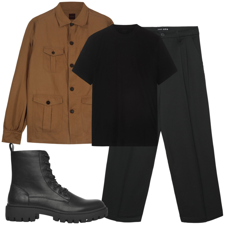 Outfit uomo - Marrone e nero. Stile Casual per Tutti i giorni. Abbinamento con anfibi, pantaloni, cappotti, t-shirt.
