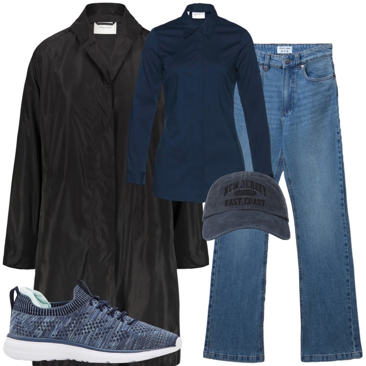 Outfit donna - Sportiva in blu. Stile Trendy per Tutti i giorni. Abbinamento con camicie, sneakers, cappelli con visiera, jeans bootcut, trench.