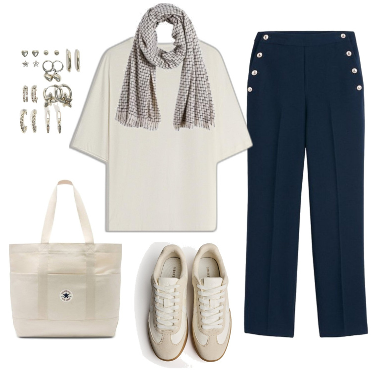 Outfit mujer - Basic #5846. Estilo Basic para Todos los días. Combinación con pantalones, sneakers, camiseta, bufandas, bolso tote, pendientes.