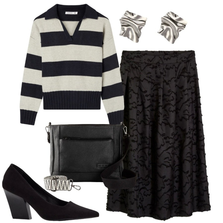 Outfit donna - Pull over time. Stile Trendy per Tutti i giorni. Abbinamento con borse a tracolla, décolleté, gonne longuette, maglieria, orecchini.