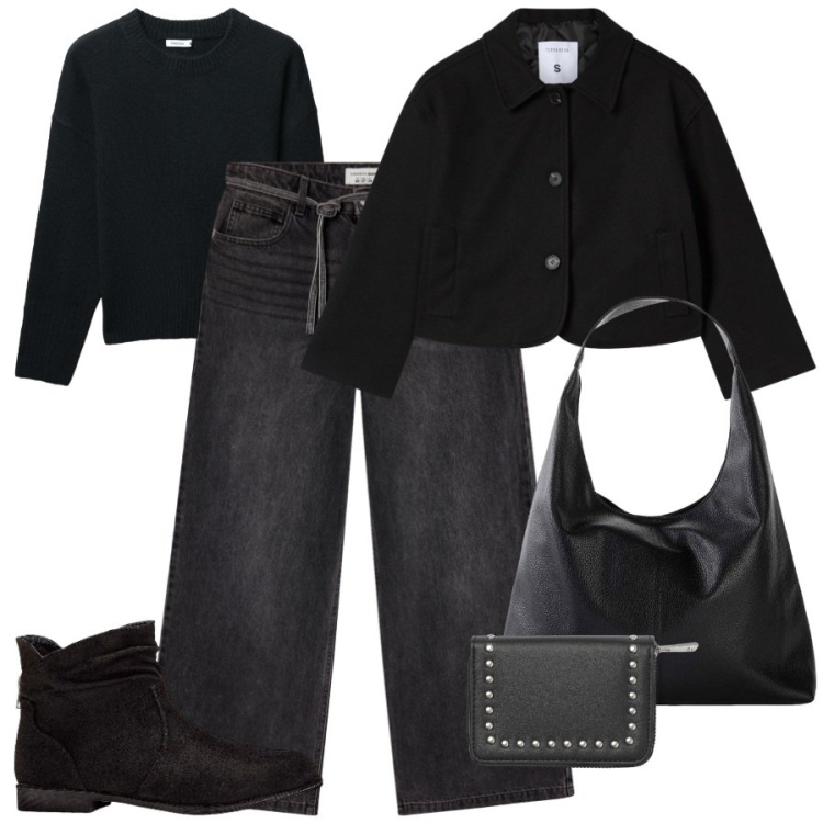 Outfit donna - Black is black. Stile Trendy per Tutti i giorni. Abbinamento con stivaletti, shopping bag, portafogli, jeans, blazer, maglieria.