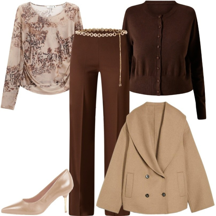 Outfit donna - Un look fluido e sofisticato. Stile Casual chic per Tutti i giorni. Abbinamento con blazer, pantaloni a palazzo, décolleté, cinture, cardigans, maglieria.