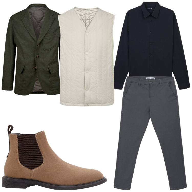 Outfit uomo - Total look #2275572. Stile Casual per Ufficio. Abbinamento con stivali e stivaletti, pantaloni chino, camicie, piumini, giacche.