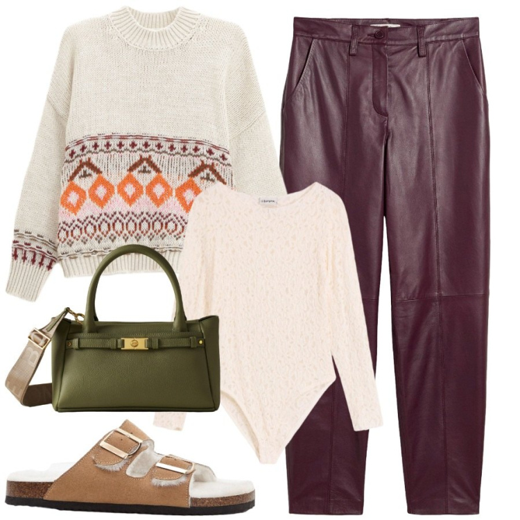 Outfit donna - In montagna. Stile Sporty chic per Tutti i giorni. Abbinamento con pantofole, pantaloni, body, maglieria, borse a mano.