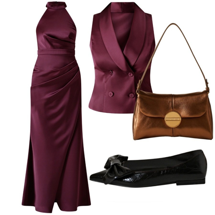 Outfit donna - marrone elegante. Stile Chic per Cerimonia. Abbinamento con gilet, vestiti lunghi, ballerine, borse a tracolla.