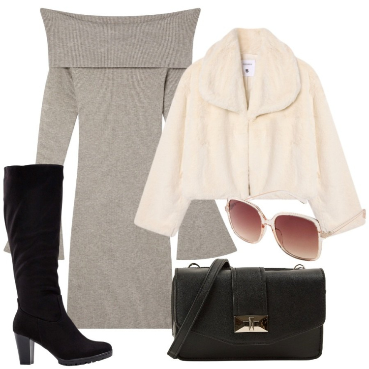 Outfit donna - Lana e pelliccia. Stile Basic per Tutti i giorni. Abbinamento con stivali, occhiali da sole, borse a tracolla, vestiti corti, ecopellicce.