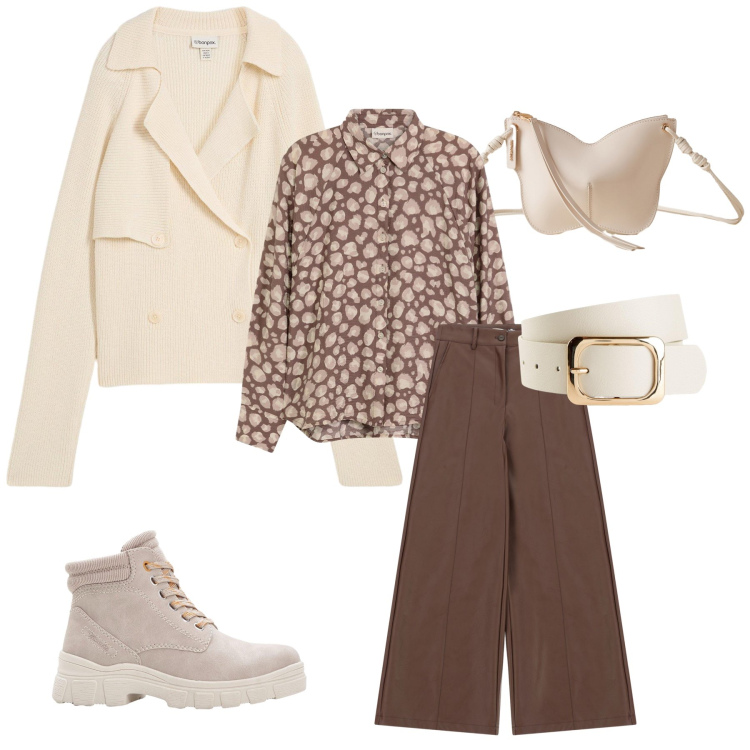 Outfit donna - Bianco neve. Stile Urban per Tutti i giorni. Abbinamento con camicie, cardigans, cinture, stivaletti, pantaloni a palazzo, borse a tracolla.