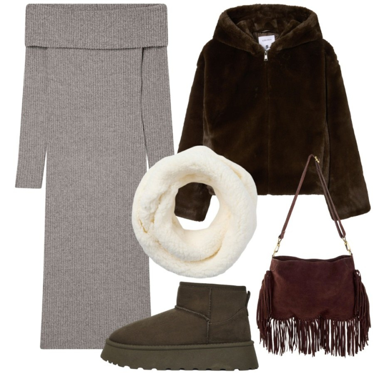 Outfit donna - Lana e pelliccia. Stile Basic per Tutti i giorni. Abbinamento con borse a tracolla, vestiti lunghi, ecopellicce, sciarpe, stivali.