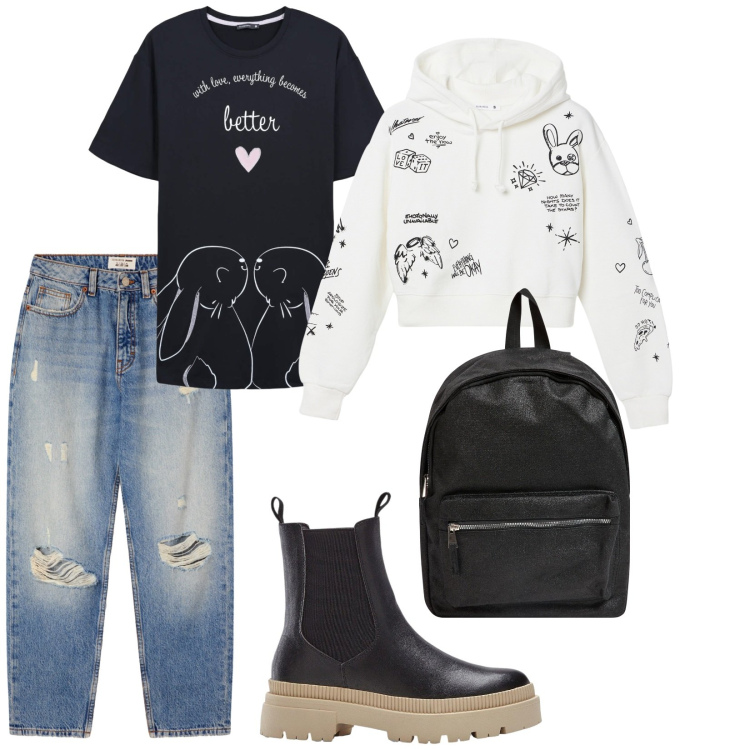 Outfit donna - Per tutti i giorni. per Scuola/Università. Abbinamento con stivaletti chelsea, pigiama, zaini, jeans mom, felpe con cappuccio.