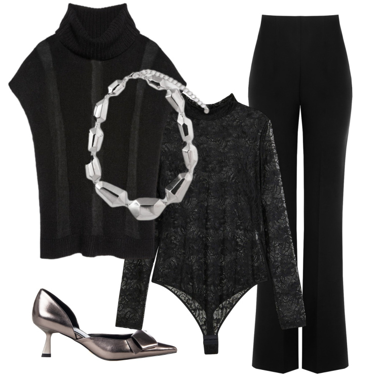 Outfit donna - In argento e nero. Stile Glamour per Serata fuori. Abbinamento con body, décolleté, pantaloni, ciondoli, gilet.