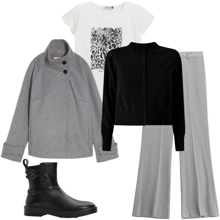 Outfit donna - In città. Stile Casual per Ufficio. Abbinamento con stivaletti, blazer, cardigans, pantaloni, t-shirt.