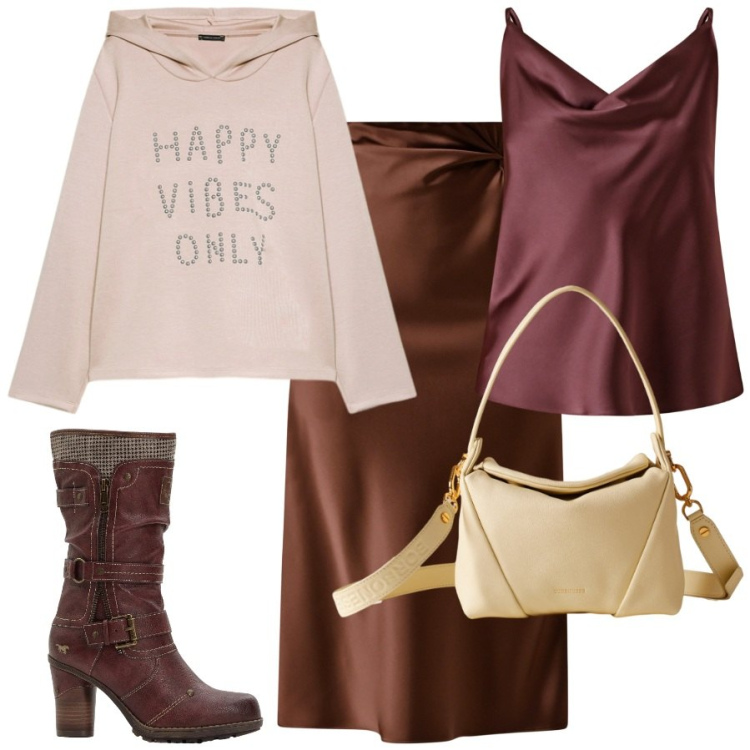 Outfit donna - Happy vibes only. Stile Chic per Serata fuori. Abbinamento con stivali, gonne longuette, canottiere, borse a spalla, felpe con cappuccio.