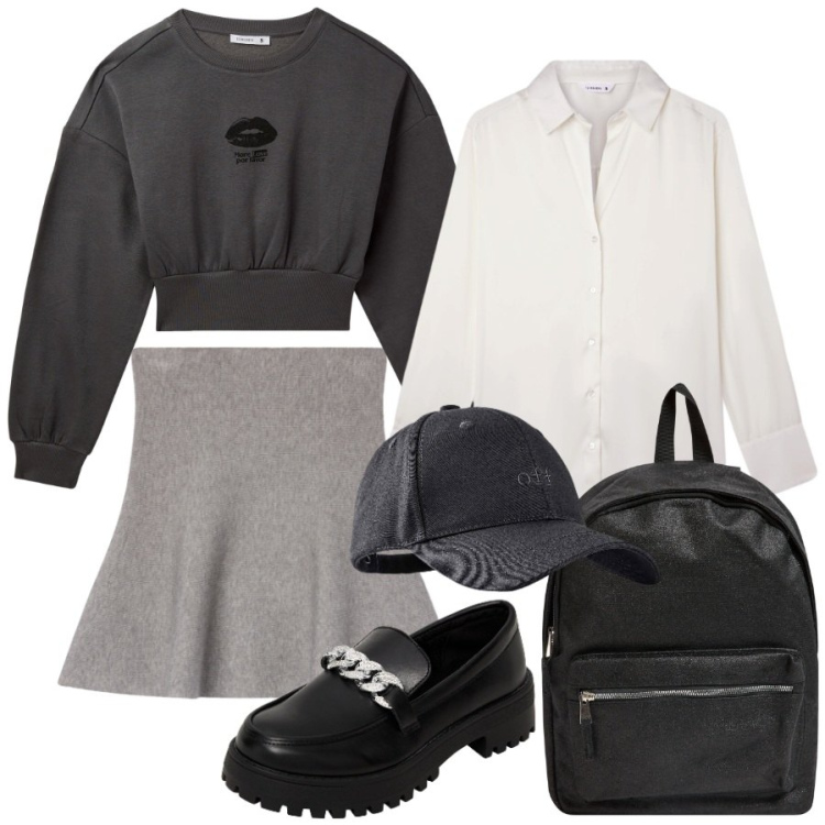 Outfit donna - A scuola. Stile Preppy per Scuola/Università. Abbinamento con cappelli con visiera, zaini, mocassini, felpe, camicie, minigonne.