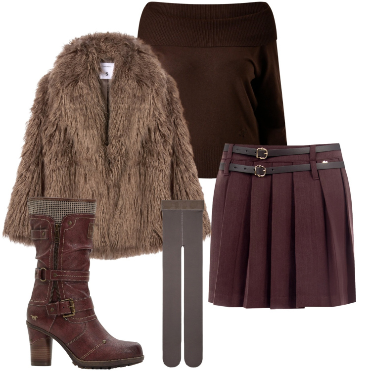 Outfit donna - In città. Stile Urban per Tutti i giorni. Abbinamento con stivali, collant, ecopellicce, minigonne, maglieria.