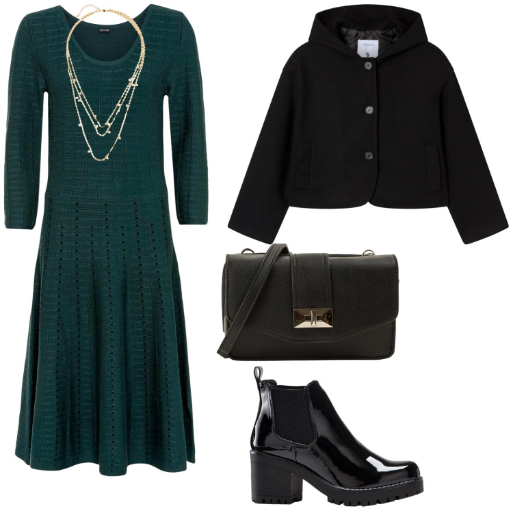 Outfit donna - Invito a cena. per Serata fuori. Abbinamento con vestiti, stivaletti, collane, caban, borse a tracolla.