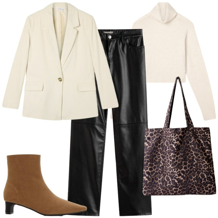 Outfit donna - Pantaloni in pelle. Stile Chic per Tutti i giorni. Abbinamento con pantaloni, stivaletti, maglieria, shopping bag, blazer.