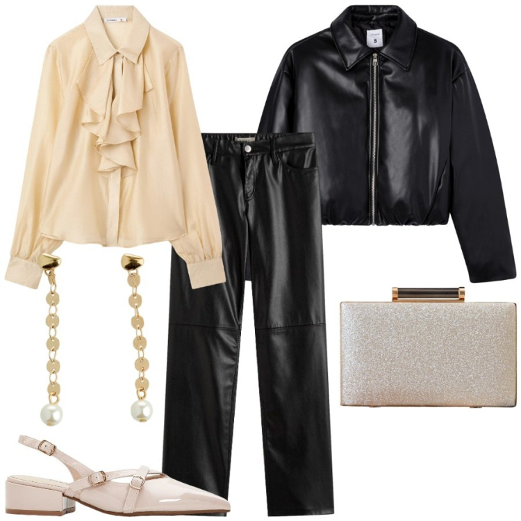 Outfit donna - Serata rock. Stile Rock per Serata fuori. Abbinamento con décolleté, orecchini, pantaloni, clutch, camicie, giacche.