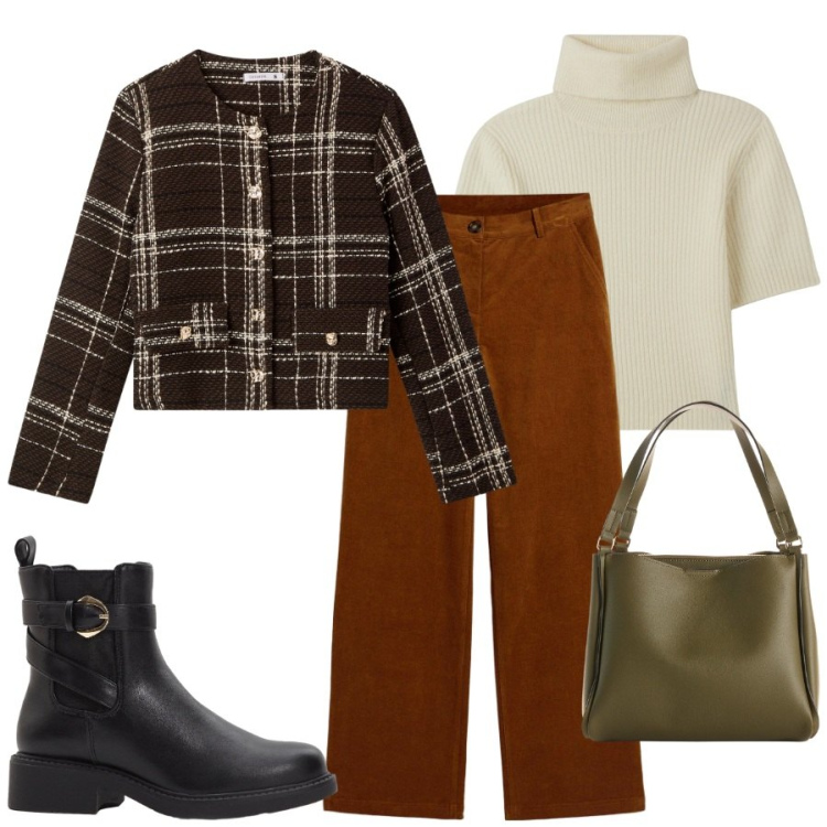 Outfit donna - Autunno. Stile Chic per Tutti i giorni. Abbinamento con pantaloni, stivaletti chelsea, borse a mano, maglieria, blazer.