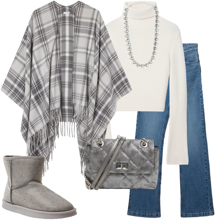 Outfit donna - Casual style. Stile Casual per Tutti i giorni. Abbinamento con maglieria, stivali, collane, jeans bootcut, cappotti, borse a tracolla.