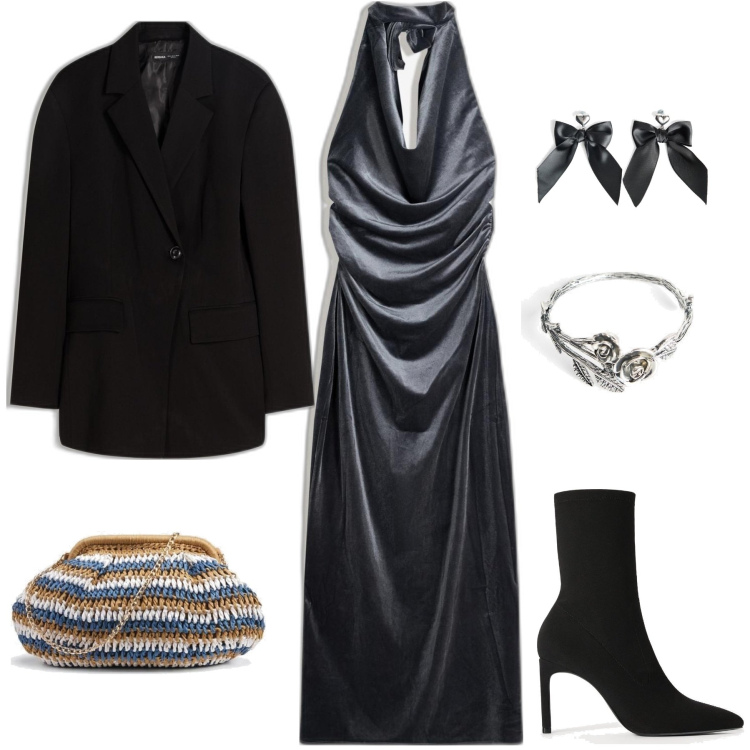 Outfit mujer - Chic #11811. Estilo Chic para Noche/Fiesta elegante. Combinación con botines, blazers, pulseras, pendientes, vestidos midi/longuettes, bolsos de mano.