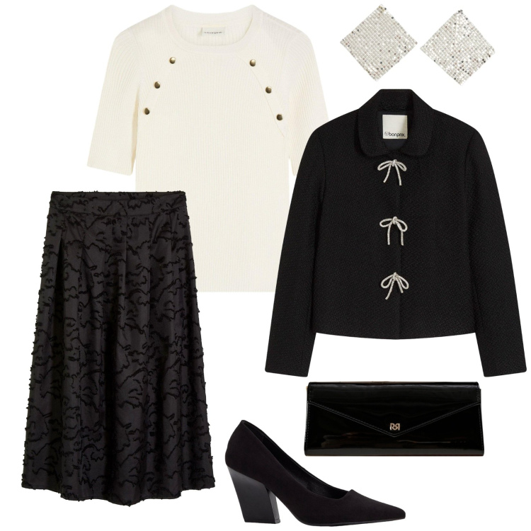 Outfit donna - Cerimonia semplice. per Cerimonia. Abbinamento con blazer, maglieria, gonne longuette, décolleté, orecchini, pochette.