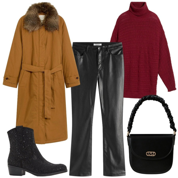 Outfit donna - Autunno. Stile Casual chic per Tutti i giorni. Abbinamento con pantaloni, stivaletti texani, maglieria, trench, borse a mano.