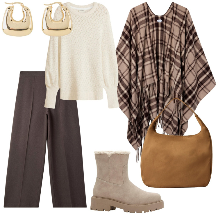 Outfit donna - Di giorno. per Tutti i giorni. Abbinamento con stivaletti, maglieria, orecchini, pantaloni, borse a mano, cappotti.