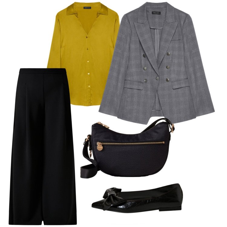 Outfit donna - Senape. per Ufficio. Abbinamento con pantaloni a palazzo, ballerine, borse a tracolla, blazer, camicie.