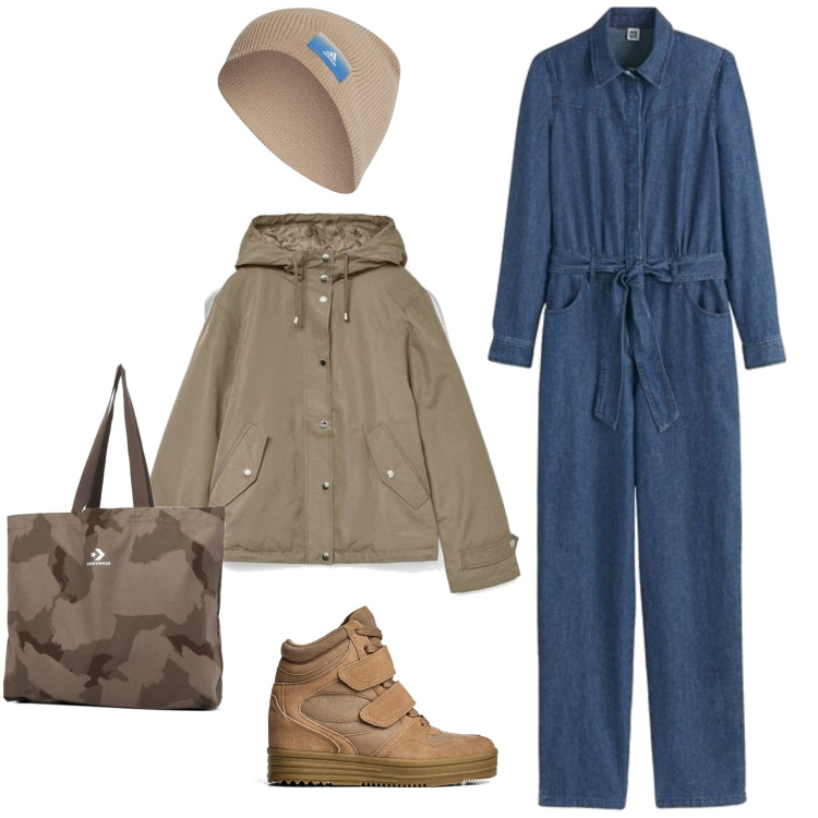 Outfit mujer - Casual #12233. Estilo Casual para Todos los días. Combinación con sneakers, gorros, bolso tote, vaqueros, parka, camiseta.