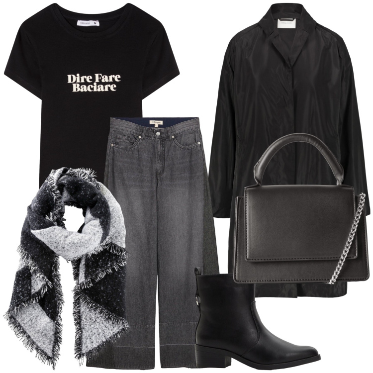 Outfit donna - Total look. Stile Basic per Tutti i giorni. Abbinamento con sciarpe, jeans, stivaletti, borse a tracolla, t-shirt, trench.
