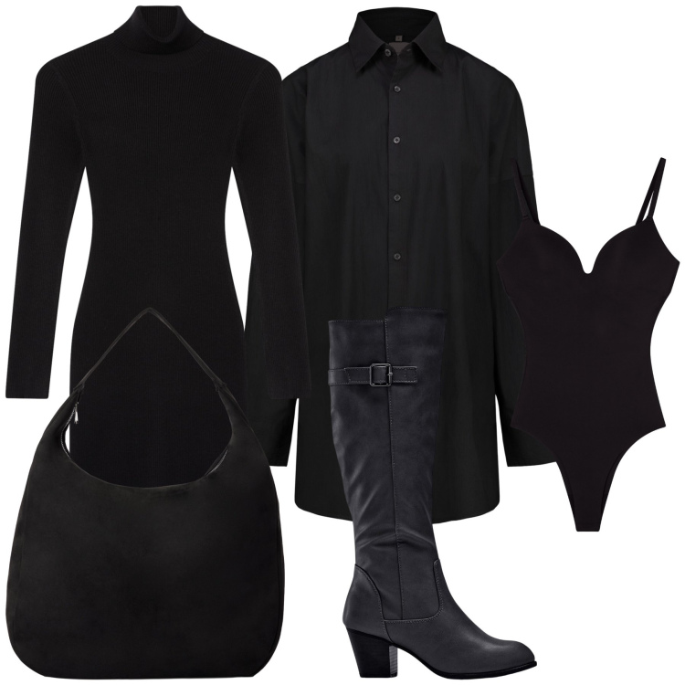 Outfit donna - Halloween black night. Stile Urban per Tutti i giorni. Abbinamento con stivali, vestiti corti, borse a mano, body, camicie.