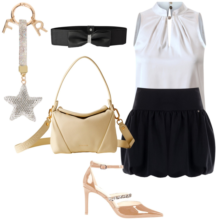 Outfit donna - La buona stella. Stile Glamour per Serata fuori. Abbinamento con cinture, bluse, décolleté, minigonne, borse a spalla, portachiavi.