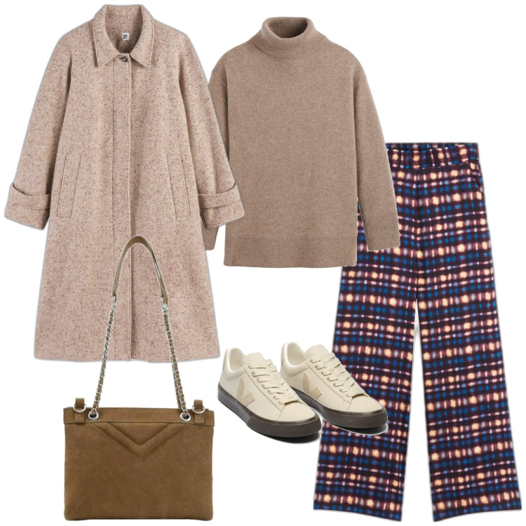 Outfit mujer - Vintage retrò #981. Estilo Vintage retrò para Todos los días. Combinación con sneakers, prendas de punto, bandoleras, pantalones palazzo, abrigos.