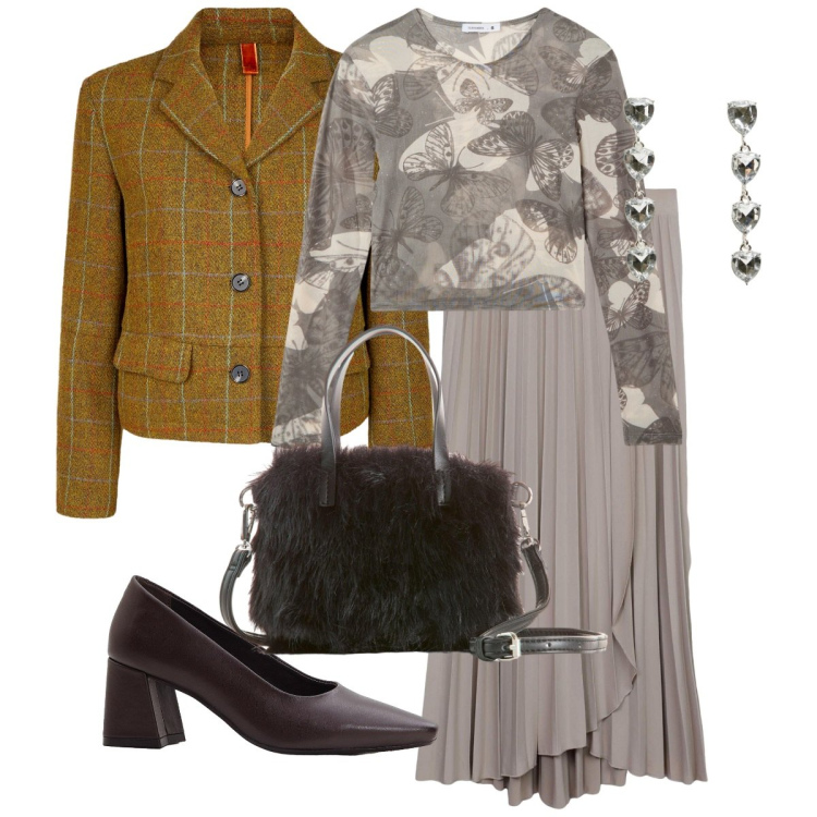 Outfit donna - Abbinamenti da paura. Stile Vintage retrò per Tutti i giorni. Abbinamento con décolleté, borse a mano, t-shirt, orecchini, gonne lunghe, blazer.