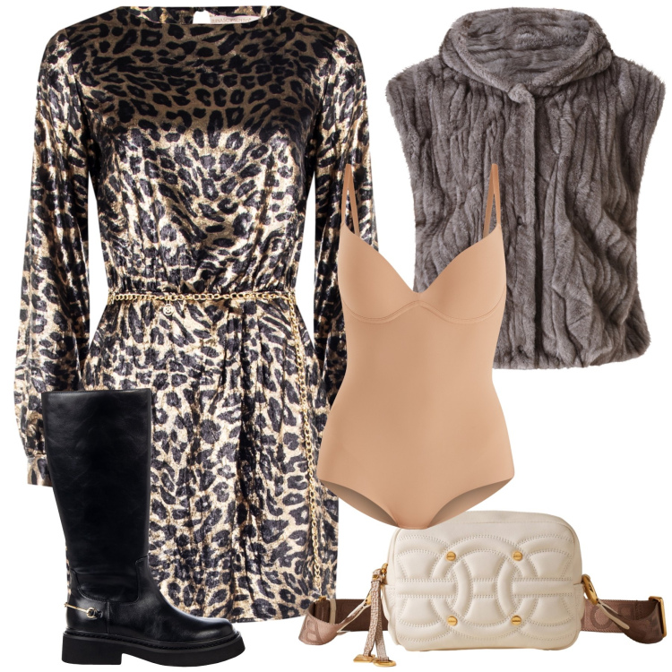 Outfit donna - Ristorante ruggente. Stile Trendy per Serata fuori. Abbinamento con body, piumini, stivali sopra il ginocchio, vestiti corti, borse a tracolla.