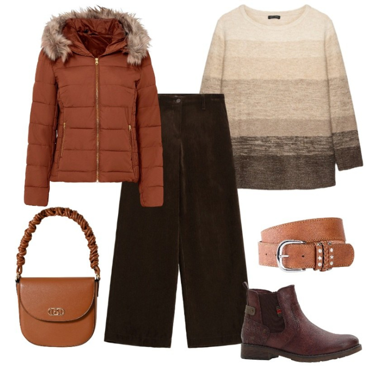 Outfit donna - Per l\'autunno-inverno 2025/26. Stile Basic per Tutti i giorni. Abbinamento con giacche, cinture, stivaletti chelsea, pantaloni, borse a mano, maglieria.