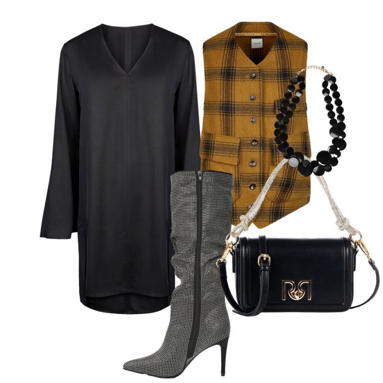 Outfit donna - Stregata dal nero. Stile Glamour per Serata fuori. Abbinamento con stivali, borse a mano, gilet, collane, vestiti a tubino.