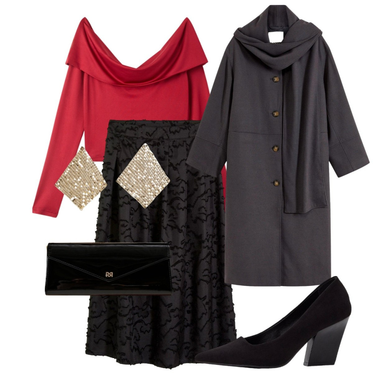 Outfit donna - Al teatro ad Halloween. Stile Chic per Serata fuori. Abbinamento con cappotti, décolleté, gonne longuette, orecchini, t-shirt, pochette.