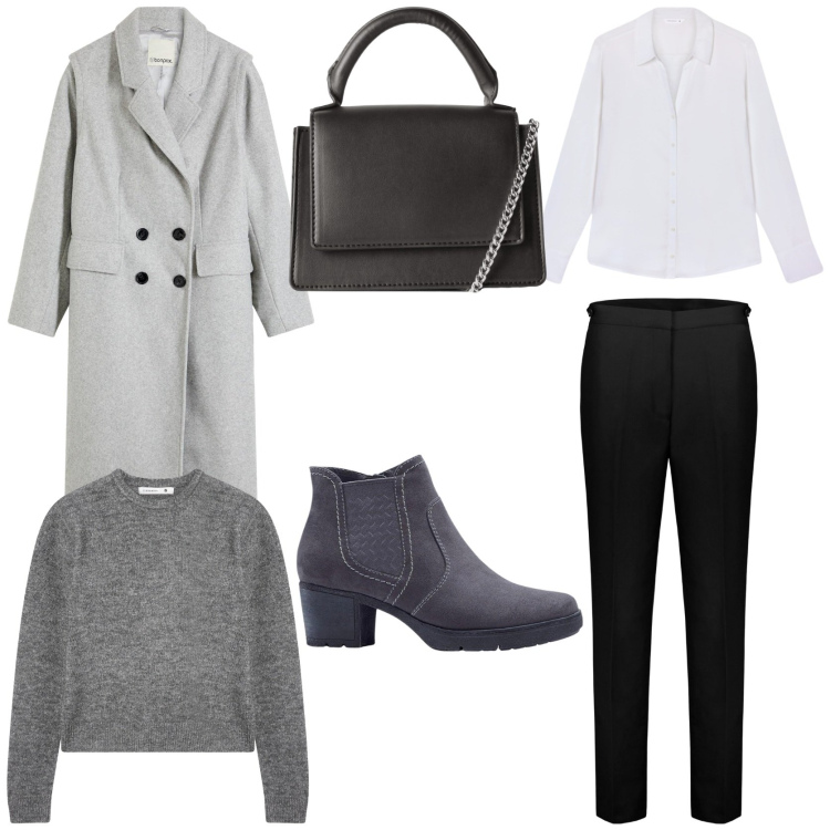 Outfit donna - Chic e comodo. Stile Chic per Tutti i giorni. Abbinamento con stivaletti, cappotti, borse a tracolla, camicie, maglieria, pantaloni chino.