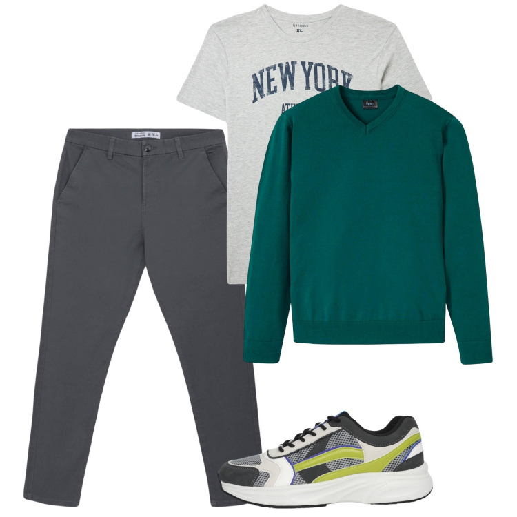 Outfit uomo - Ottobre. Stile Casual per Tutti i giorni. Abbinamento con maglieria, t-shirt, pantaloni chino, sneakers.
