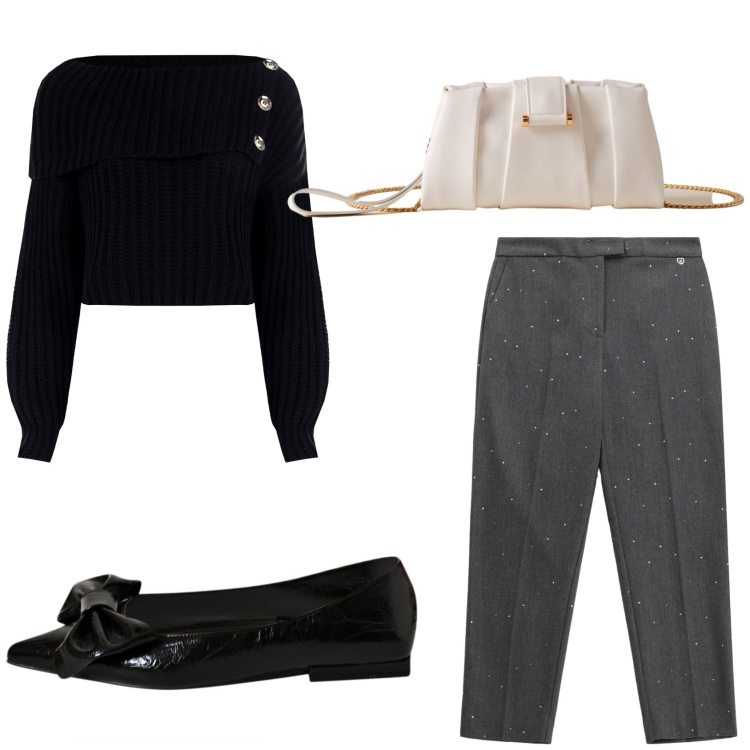 Outfit donna - I pantaloni taglio maschile. Stile Casual chic per Serata fuori. Abbinamento con maglieria, ballerine, pantaloni, pochette.