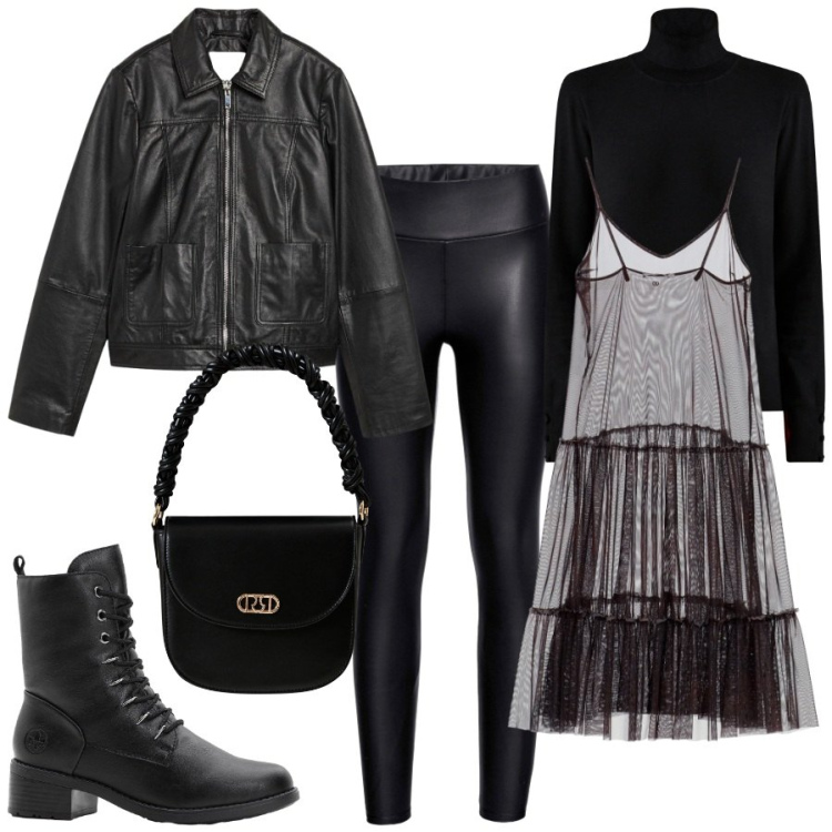 Outfit donna - Giochi di layering. Stile Glamour per Serata fuori. Abbinamento con leggings, giacche, stivaletti, borse a mano, maglieria, vestiti lunghi.