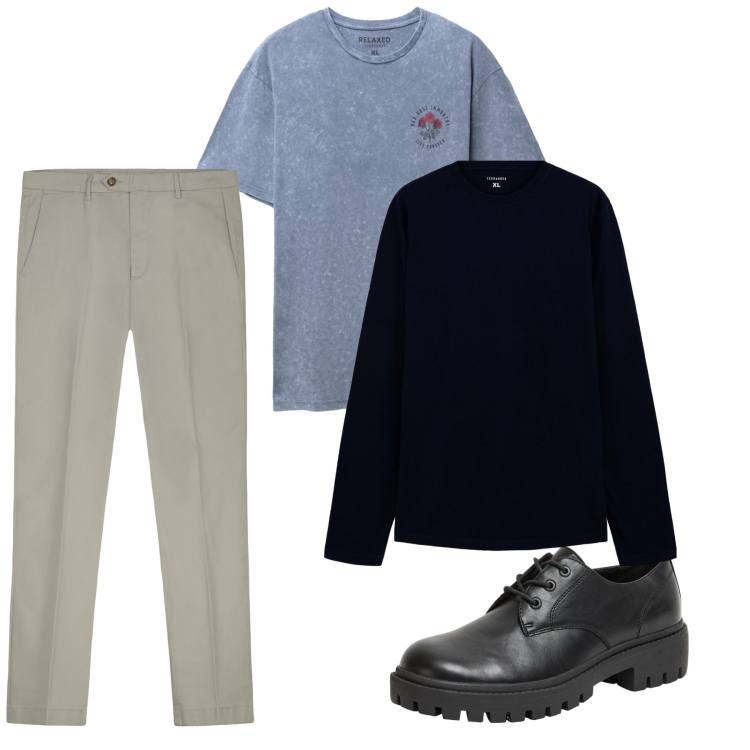 Outfit uomo - Casual. Stile Casual per Tutti i giorni. Abbinamento con scarpe stringate, t-shirt, t-shirt, pantaloni chino.